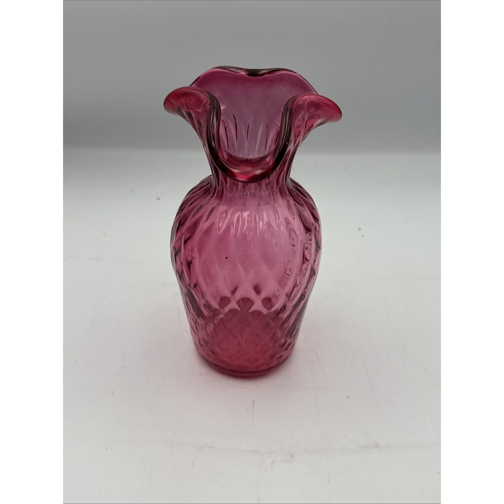 Vintage Hand Blown 8" Cranberry Glass Vase w/ Scalloped Rim & Diamond Pattern - Picture 10 of 14